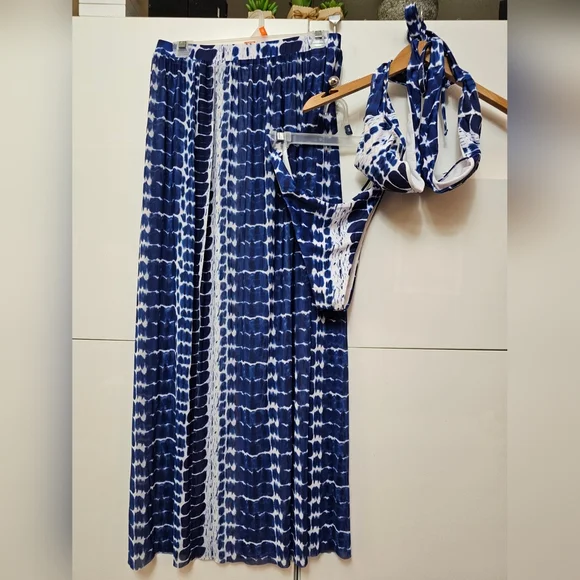 New 3 Piece Criss Cross Tie Dye Bikini Set with Maxi Skirt Cover-Up - Picture 3 of 5